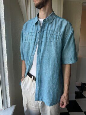 Cubavera Men’s XL Linen Cotton Teal Short Sleeve Button-Up Shirt Resort